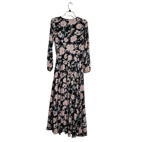 Gianni Bini Womens Floral Print Wrap Maxi Dress Sz S Black Peach Long Sleeve 59" - Picture 3 of 9
